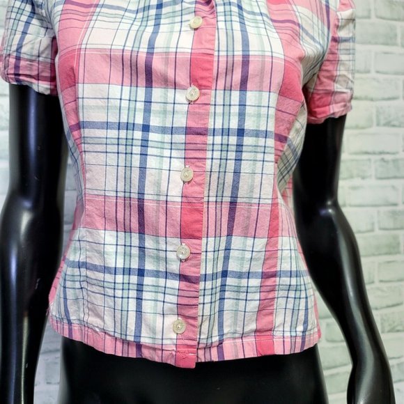 Vintage Y2K Esprit JRS M Pink Plaid Cotton S/S Button Front Shirt Preppy - Picture 3 of 8